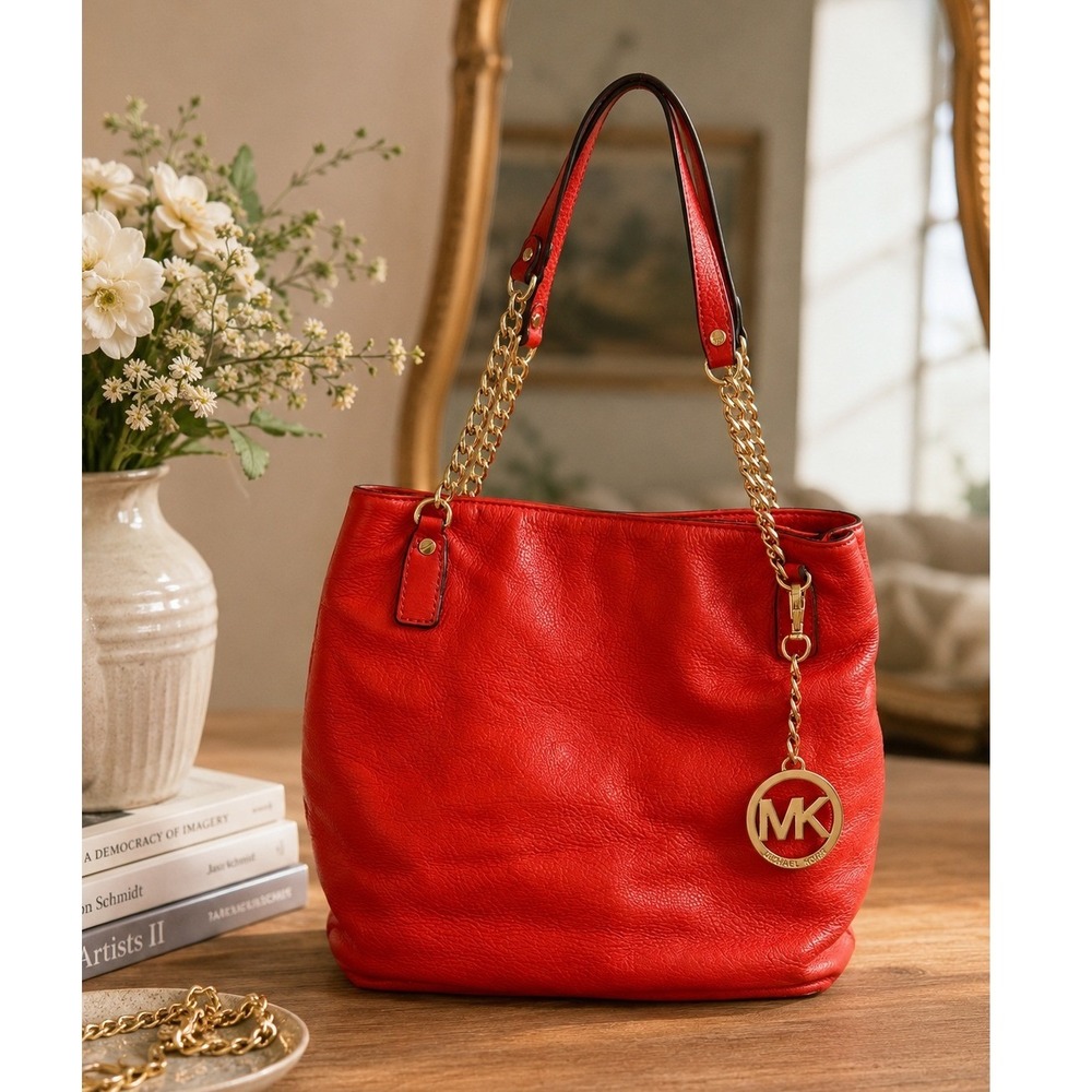 Michael Kors Red Pebbled Leather Tote Bag Gold Chain Shoulder Bag